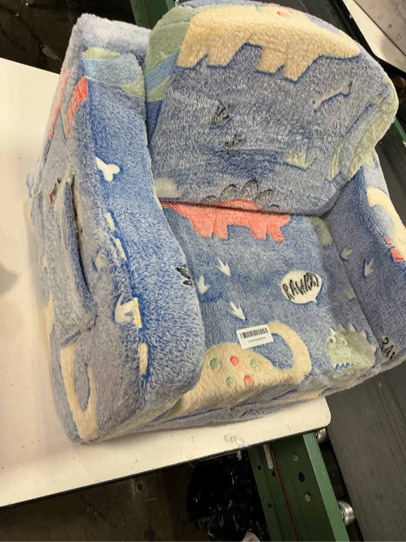 Condition photo showing As Is for Thick Comfy Toddler Chair and Couch for Kids,2-in-1 Soft Plush Fold Out Sofa for Children,Convertible Couch to Lounger for Toddler Blue Dinosaur