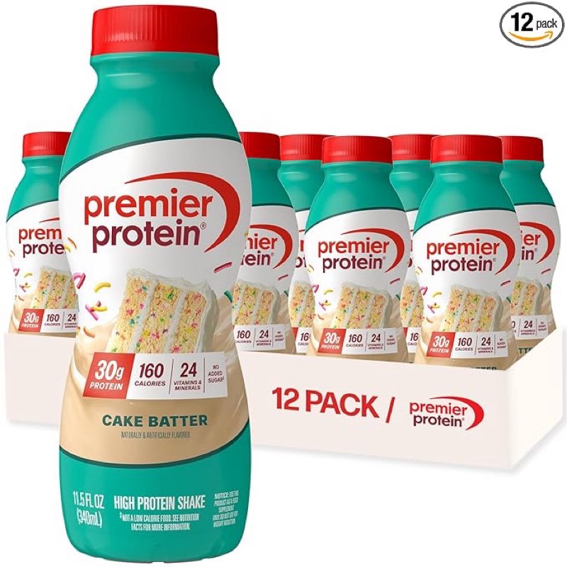 premier protein shake, cake batter, 30g protein, no added sugar, 24 vitamins & minerals to support immune health, 11.5 fl oz, 12 pack