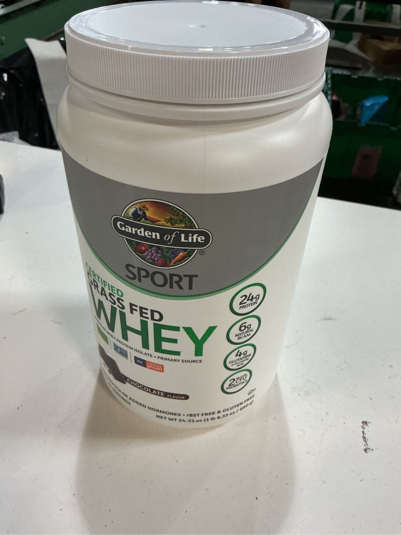 Condition photo showing New/Like New for garden of life sport whey protein powder chocolate, premium grass fed whey protein isolate plus probiotics for immune system health, 24g protein, non gmo, gluten free, cold processed - 20 servings chocolate 1.52 pound (pack of 1) bb 09/2026)