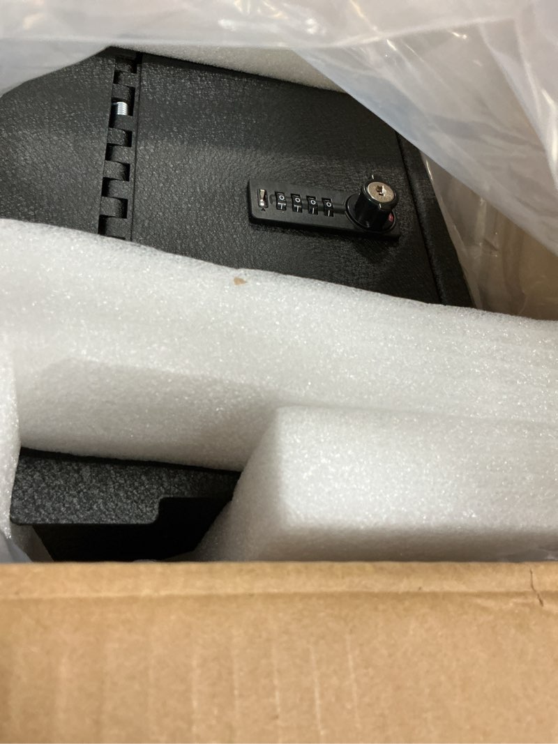 Condition photo showing Good Condition for center console safe gun safe, wasai console gun vault lock box compatible with ram 1500/2500/3500 laramie/bighorn/powerwagon 2019-2024, not fit cup holder with cover, 4-digit lock with backup key. 4 digit combination lock with key