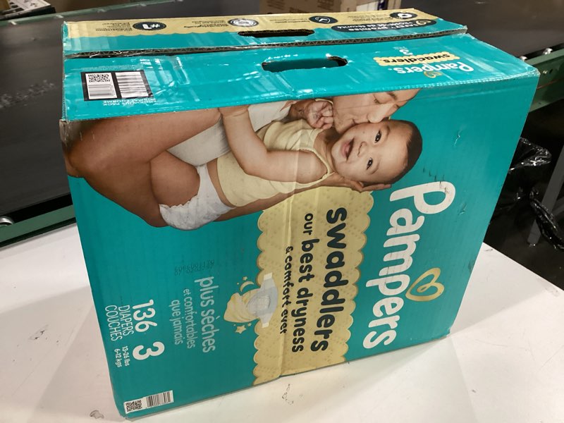Condition photo showing New/Like New for pampers swaddlers diapers, size 3 (13-26 lbs), 136 count, absorbent, keeps baby dry and comfortable, skin safe disposable baby diaper (packaging may vary) size 3 136