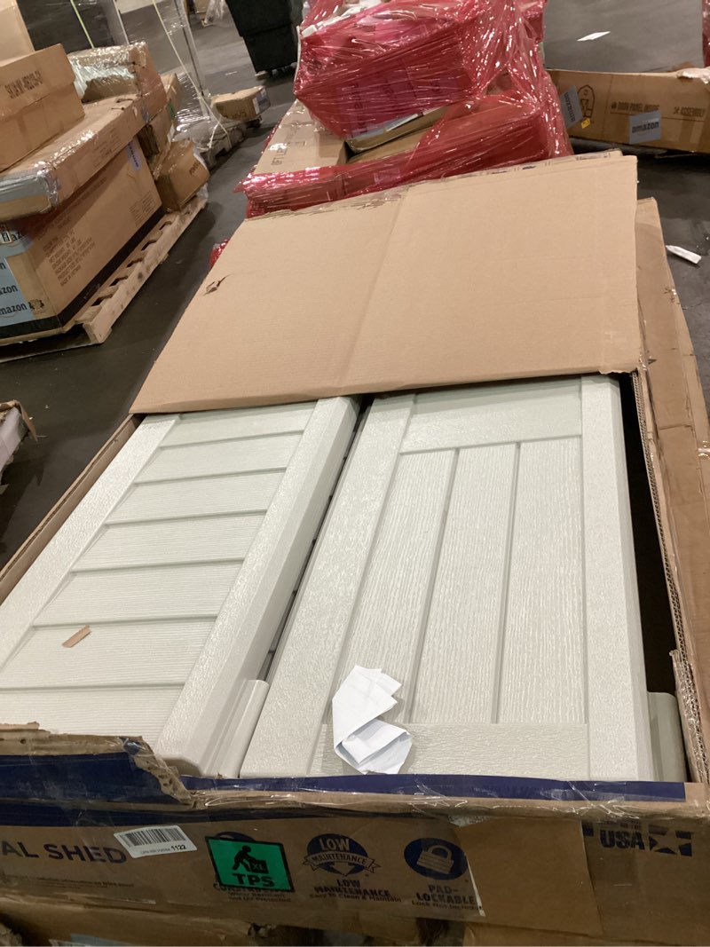Condition photo showing Good Condition for suncast vertical outdoor storage shed with all-weather construction, vanilla