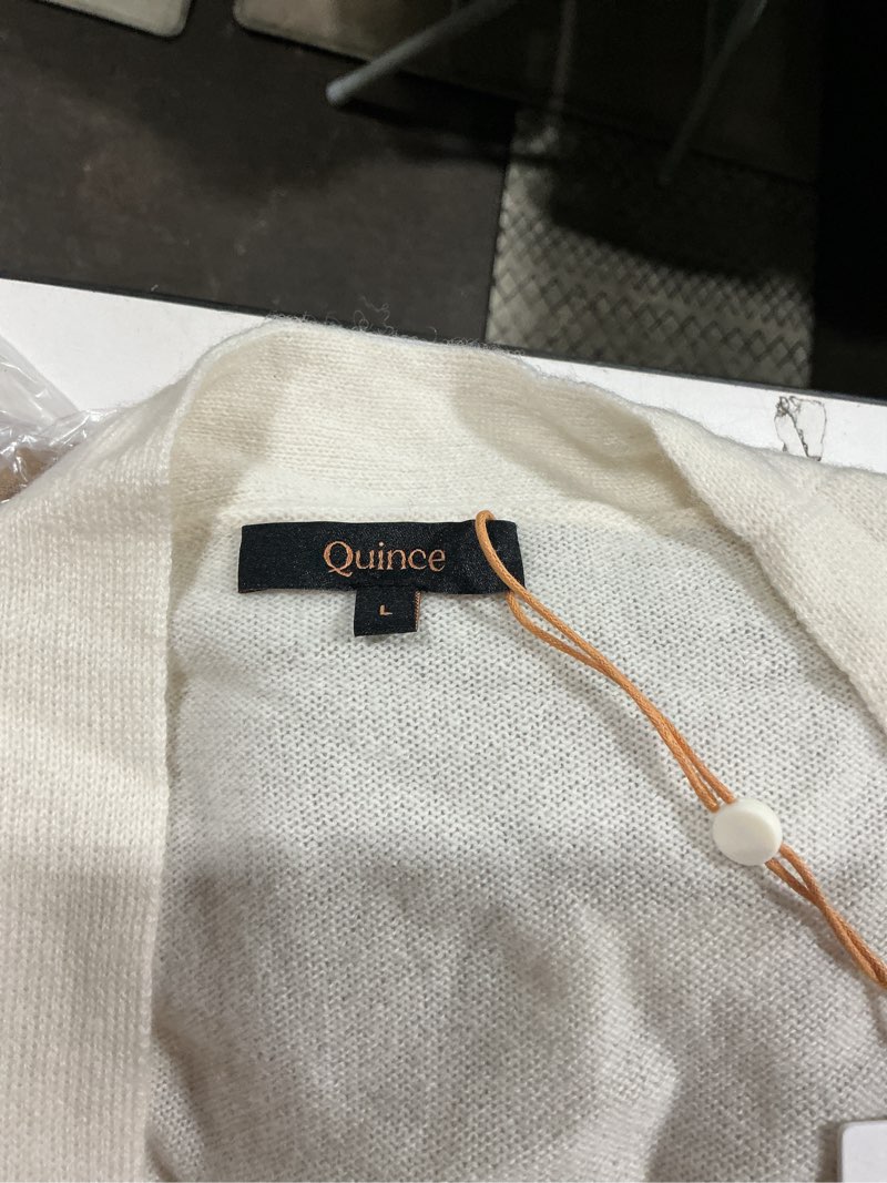 Condition photo showing Good Condition for size large quince lightweight mongolian cashmere duster ivory belted, pocketed 