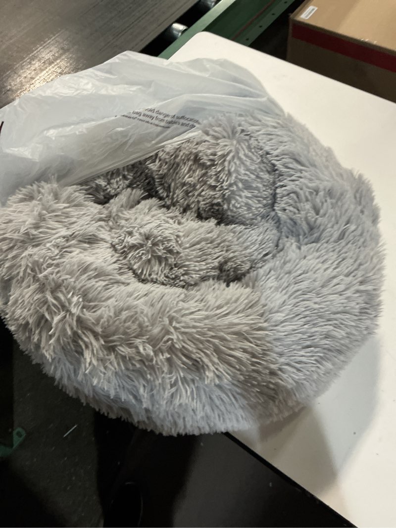 Condition photo showing As Is for MIXJOY Comfortable Donut Cuddler Round Dog Bed Ultra Soft Washable Dog and Cat Cushion Bed (23'', Grey) S(23’’x 23’’) Grey