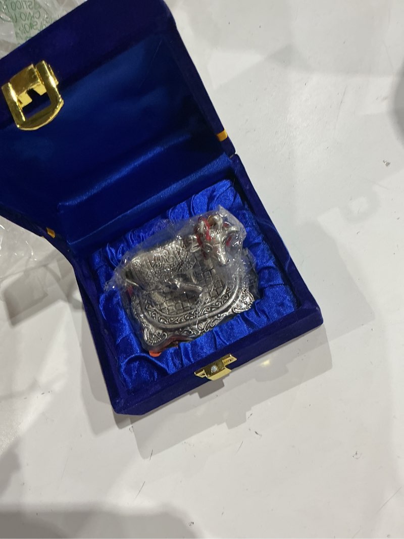 Condition photo showing Good Condition for nobility pooja items diwali gift silver antique small kamdhenu cow and calf with blue box metal statue decorative item showpiece for home office decoration wedding return gifts