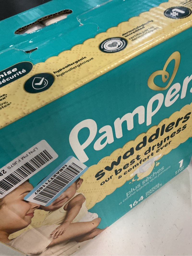 Condition photo showing New/Like New for pampers swaddlers diapers, size 1 (8-14 lbs), 164 count, absorbent, keeps baby dry and comfortable, skin safe disposable baby diaper size 1 164