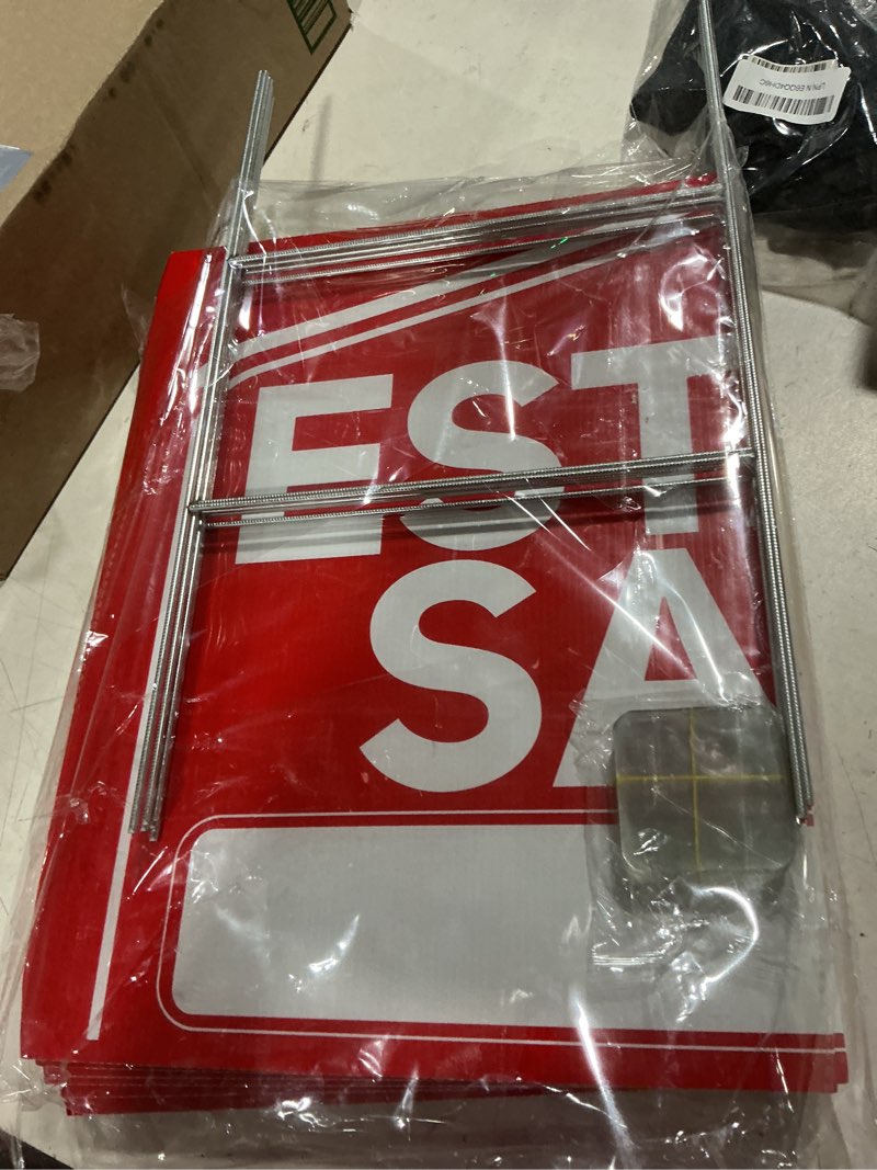 Condition photo showing As Is for 6 pcs estate sale signs with stakes, foldable extra-large estate sale signs 24" x 16", with metal stakes and double sided waterproof design for estate sale supplies 24" foldable