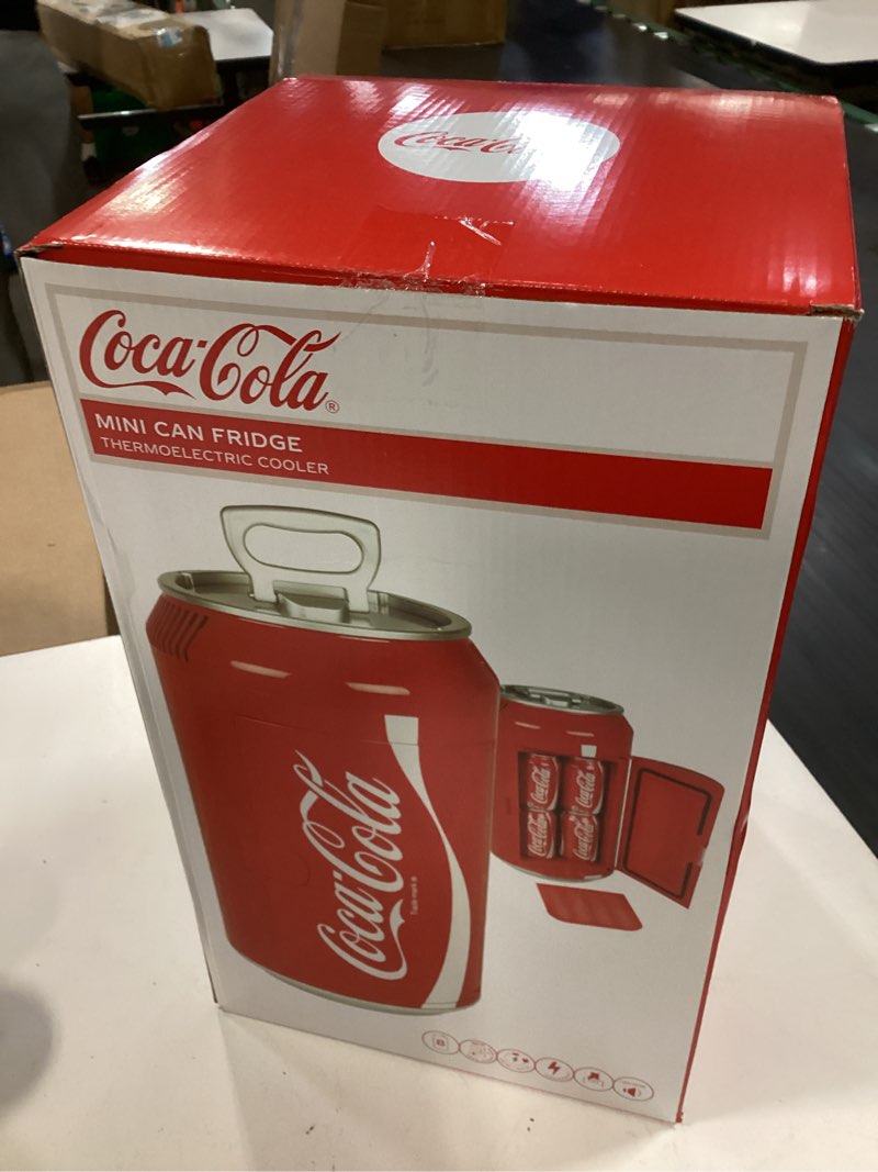 Condition photo showing New/Like New for koolatron coca-cola portable 8 can thermoelectric mini fridge 5.4 l/ 5.7 quarts capacity, 12v dc/110v ac cooler for home, cabin, beer, beverages, snacks, skincare, cosmetics, medication, red cc06