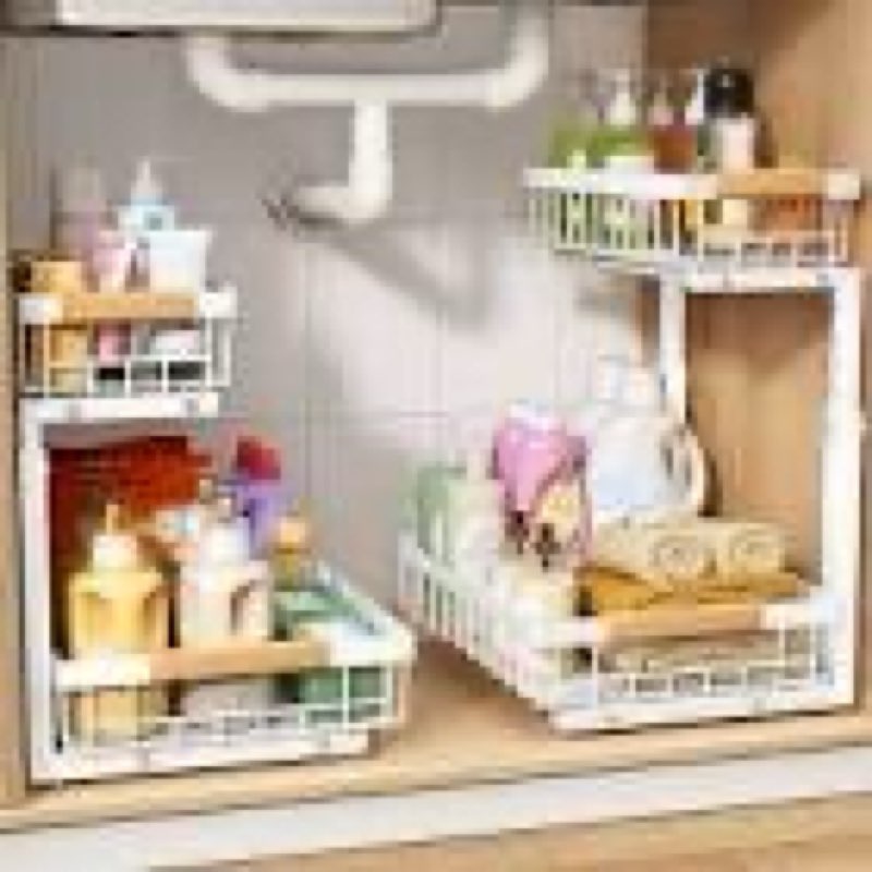 pxrack under sink organizer, adjustable height, 2 tier pull out under cabinet organizer, slide out thickened metal under sink storage for kitchen bathroom laundry pantry cabinet, grey, large-2-pack large-2-pack grey