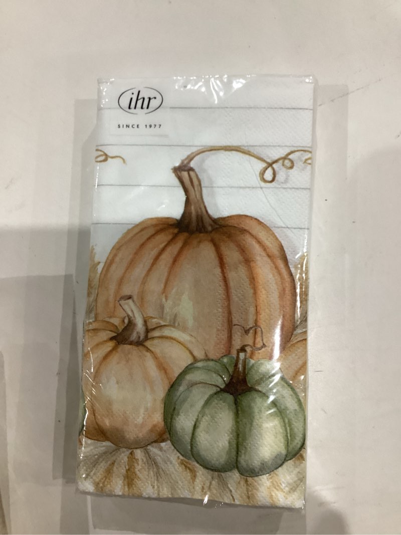 Condition photo showing New/Like New for IHR Ideal Home Range Dinner Napkins Disposable 3-Ply Paper Hand Towels, 8.5" x 4.5", Pumpkin Trio, 16-Count