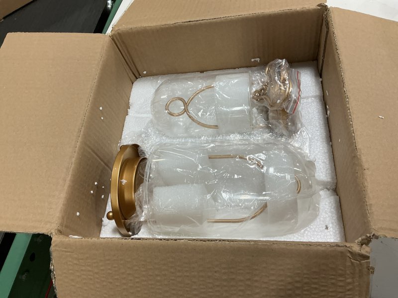 Condition photo showing New/Like New for Glass Hurricane Candle Holder Decorative Gold Candle Lantern, Pillar Candlestick Holders Set of 2, Hanging Metal Holder Modern Table Centerpieces, Antique Brass