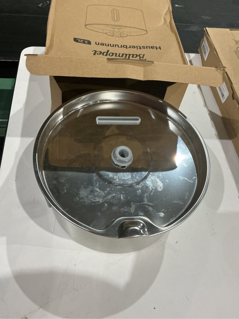 Condition photo showing As Is for cat water fountain stainless steel - 108oz/3.2l automatic large pet watering bowl dispenser for indoor cats - drinking fountains with 3 filter for dogs and kitty - outdoor dog waterer bowls no spill