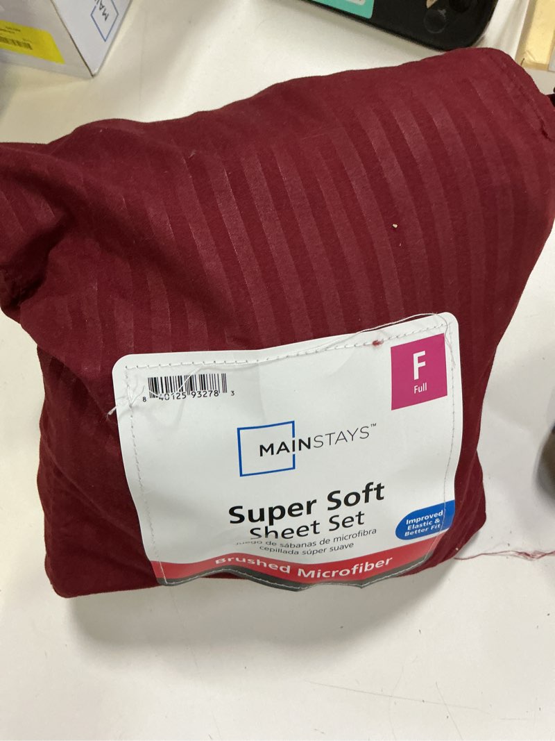 Condition photo showing As Is for mainstays super soft brushed microfiber bed sheet set, luscious red merlot embossed stripe, full, 4 piece