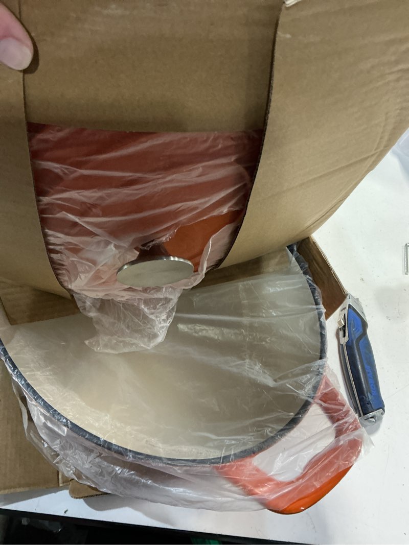 Condition photo showing New/Like New for enameled oval dutch oven pot with lid, 8 qt cast iron dutch oven with dual handles for cooking, bread baking, frying, non-stick enamel coated oven (8 qt orange)