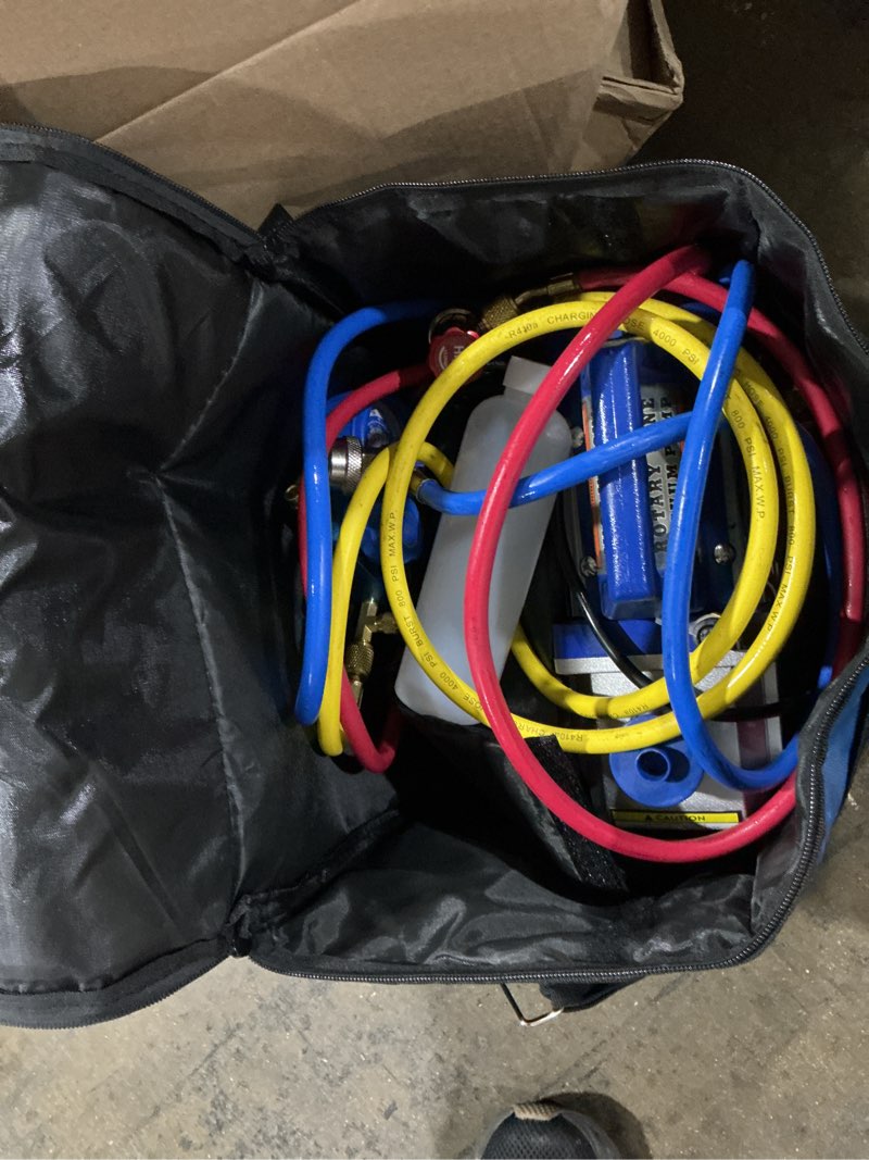 Condition photo showing As Is for vivohome 110v 1/3 hp 4cfm single stage rotary vane air vacuum pump and r134a ac manifold gauge set kit with leak detector carry bag for hvac air conditioning refrigeration recharging etl listed blue 4cfm