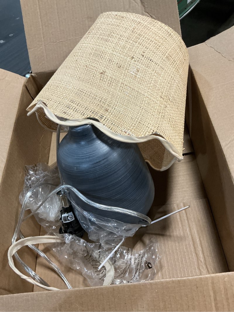 Condition photo showing As Is for pia ricco 19" modern ceramic table lamp for living room cream base desk lamps for bedroom farmhouse bedside nightstand lamp end table lamps,white striped black base,rattan shade white striped black base 1
