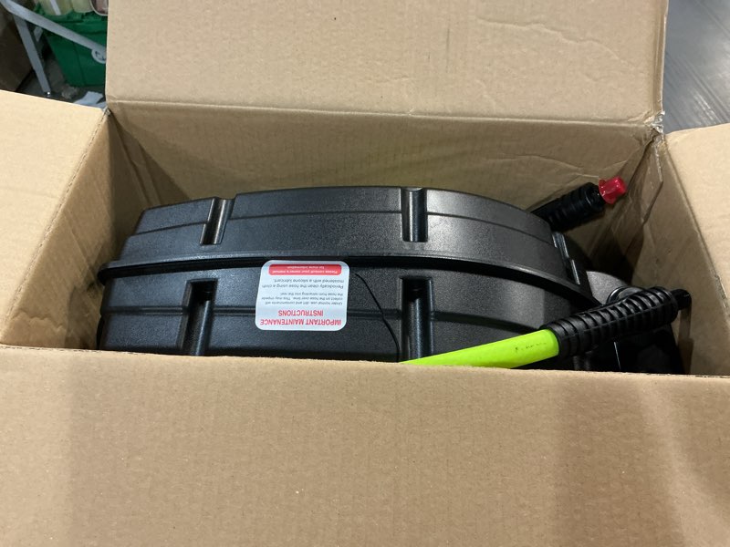 Condition photo showing As Is for Flexzilla Retractable Enclosed Plastic Air Hose Reel, 3/8 in. x 50 ft., Heavy Duty, Lightweight, Hybrid, ZillaGreen - L8250FZ