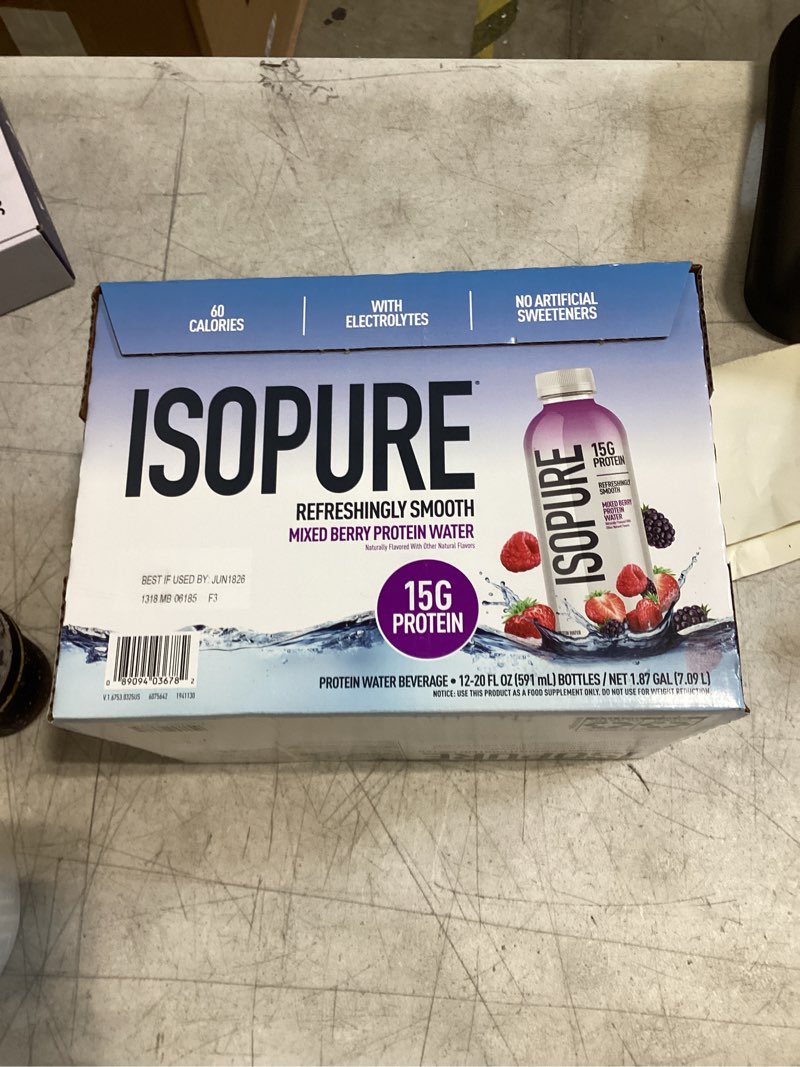 Condition photo showing New/Like New for isopure clear protein water with electrolytes, 15g whey protein isolate, zero sugar, mixed berry, 20 fl oz bottle, 1 count