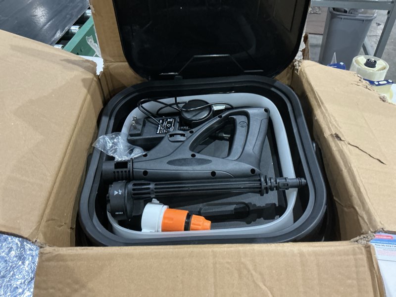 Condition photo showing As Is for not exact similar to portable cordless washer with 3.4gal tank, 580psi, 7-level adjustable sprayer, 360° rotating nozzle, 23ft hose, 20000mah battery, foldable design with wheels for car, camping, garden