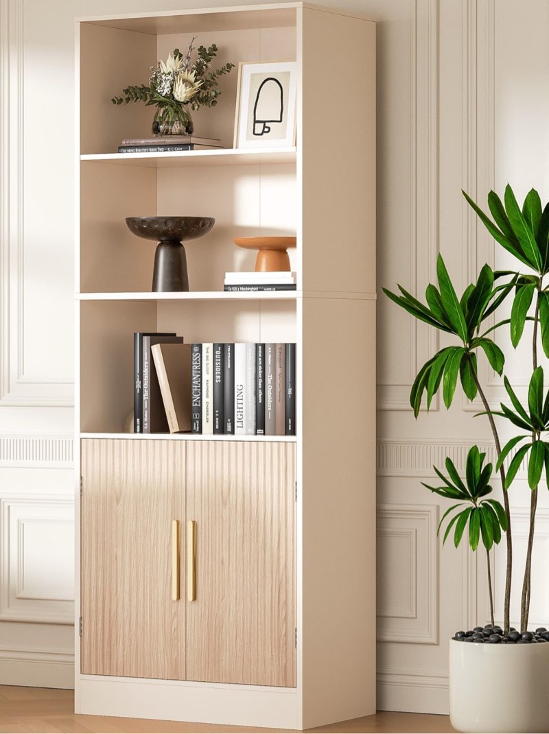 ( pickup 3 boxes. )Modern Bookshelf with Doors, 71” Tall Bookshelf with Storage, 3 Shelf Bookcase with Adjustable Shelf, 3 Tier Bookshelf, Open Shelves Bookcase, Unique Bookshelf for Bedroom & Office,color wood