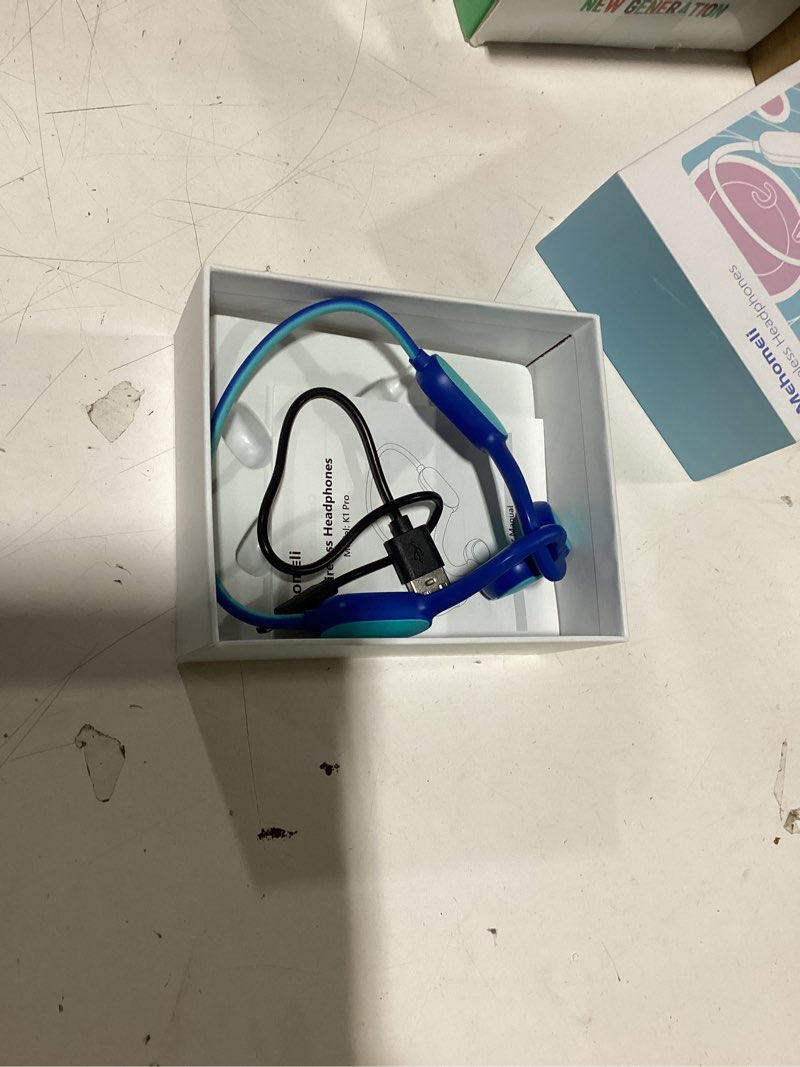 Condition photo showing As Is for kids headphones, bluetooth 5.2 air conduction open ear headphones, 85db volume limiting, stereo sound with mic, ipx5 waterproof, 20h playtime, perfect for school and outdoor activities-blue