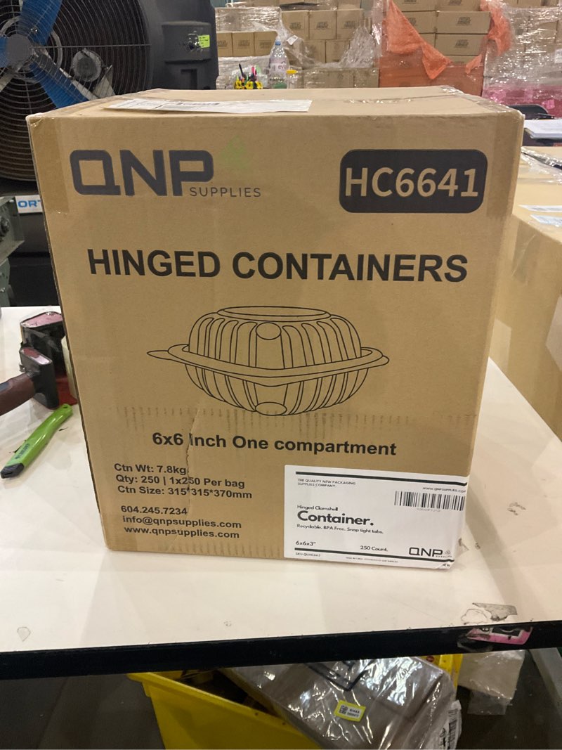Condition photo showing New/Like New for (250 pack - 6x6x3 Recyclable Hinged Clamshell Containers For Take Out, Microwavable, Snap Tight Dual locks with Easy Grip Tabs