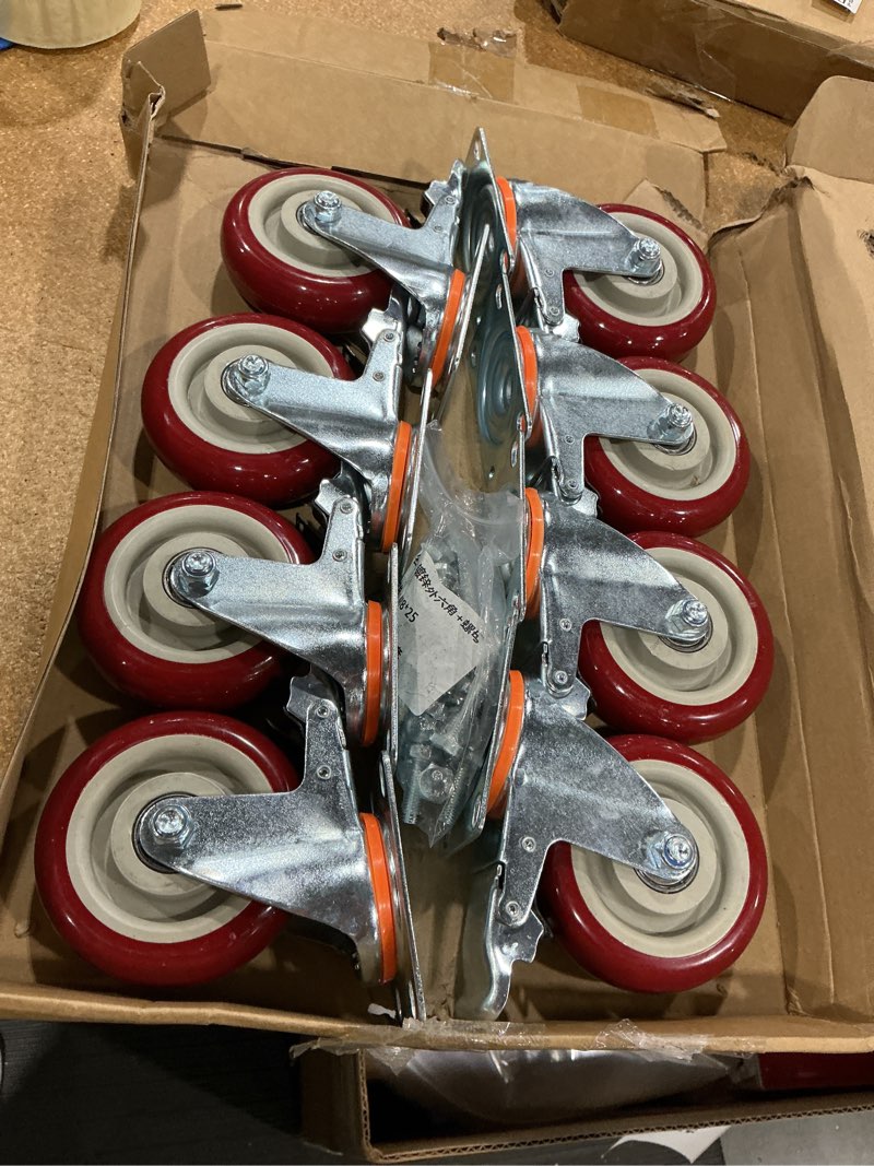 Condition photo showing Good Condition for 8 pcs 4 inch heavy duty casters, (4 casters load capacity 2200 lbs) lockable swivel bearing caster with brakes for workbenches, shelves, carts, etc. 8 pcs 4”?red?