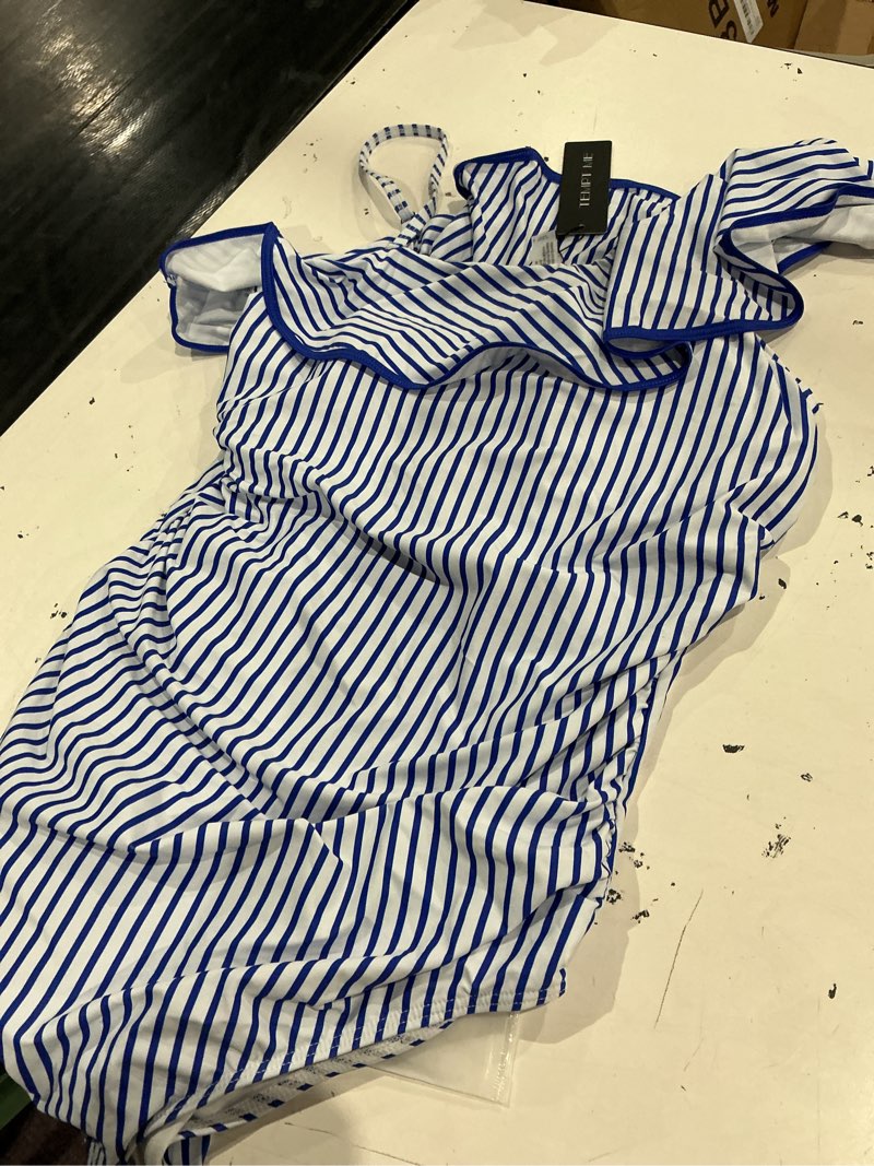 Condition photo showing Good Condition for tempt me women blue stripe one piece swimsuits tummy control one shoulder bathing suits ruffle swimw