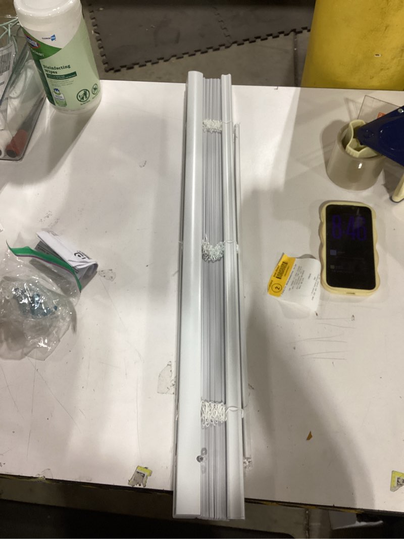 Condition photo showing Good Condition for 1k+ bought last week Project Source Room Darkening 1-in Slat Width 31-in x 64-in Cordless White Vinyl Room Darkening