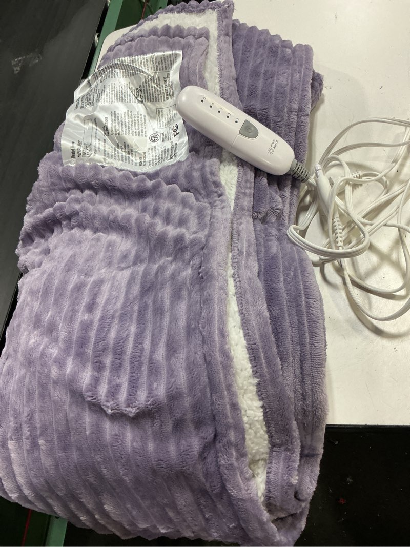 Condition photo showing As Is for electric throw heated throw 50''x60'', striped flannel & thicker sherpa, 5 heat settings & 4 hour auto off with fcc/etl certified, overheat protection & machine washable, great gift, lavender purple
