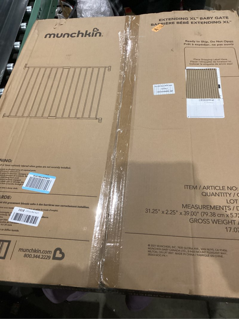 Condition photo showing New/Like New for Munchkin® Extending XL™ Tall and Wide Baby Gate, Hardware Mounted Safety Gate for Stairs, Hallways and Doors, Extends 33" - 56" Wide, Metal, White