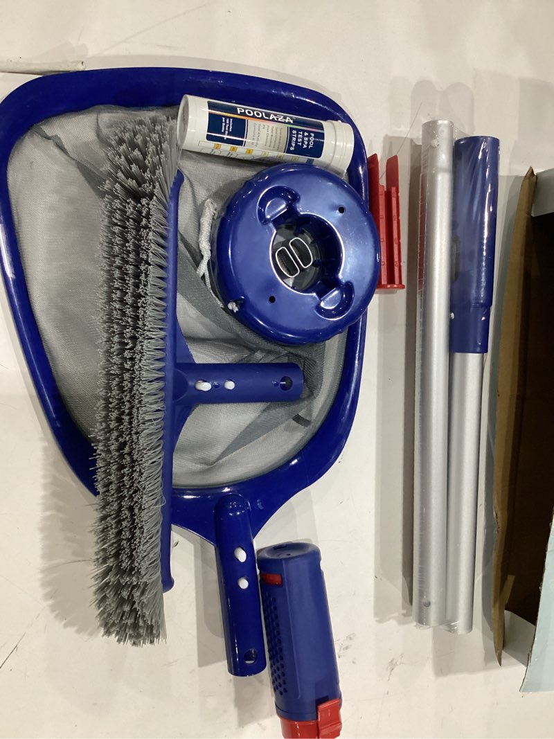 Condition photo showing New/Like New for poolaza pool cleaning kit above ground & inground pools, include sturdy pool brush head, ultra fine mesh pool skimmer net, 57.5'' thickened aluminum pool pole & durable pool floater