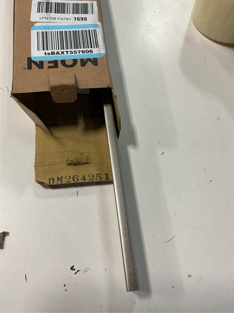 Condition photo showing As Is for moen genta lx modern single kitchen or bathroom towel bar, 24-inch, brushed nickel, bh3824bn brushed nickel 24 inch
