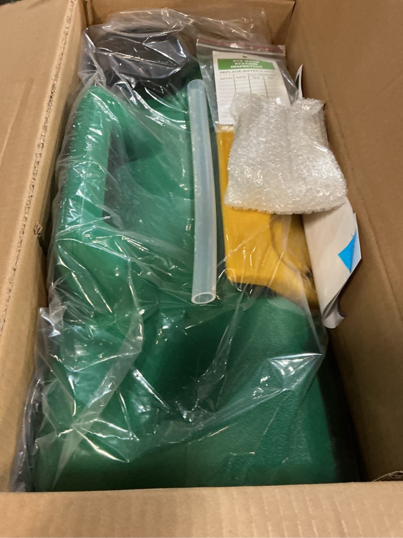 Condition photo showing Good Condition for 8 gallon portable eyewash station, osha approved eye wash station with wall mount bracket, gravity fed emergency eye wash kit for worksite, lab, warehouse, dual nozzle hands-free operation