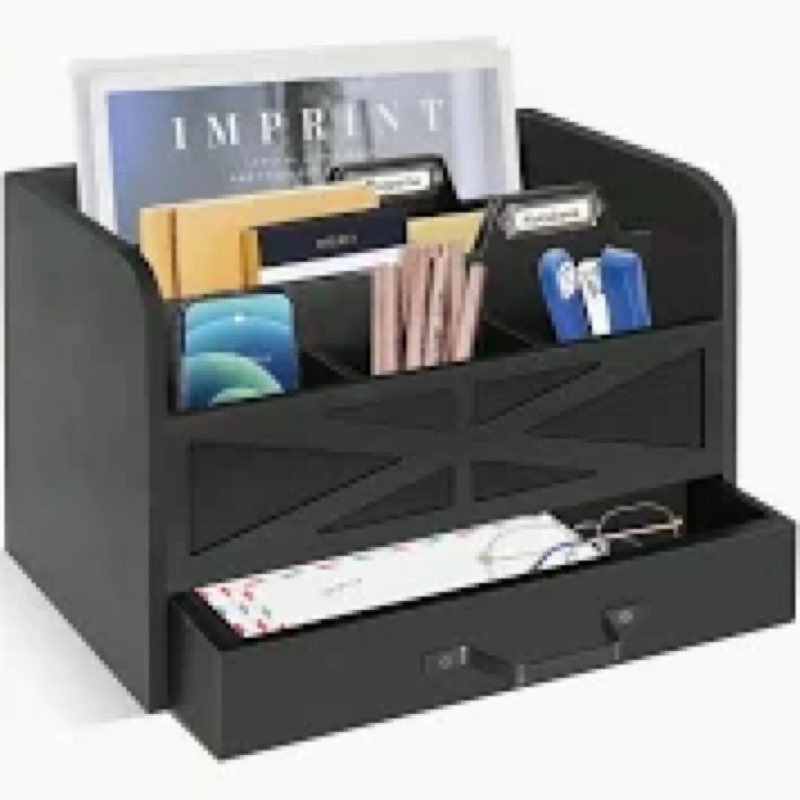 white Wood Desk Organizer and Accessories with Drawer, Bill Mail Organizer and File Mail Holder for Office Supplies, Desk Accessories & Workspace Organizers for Desk Organization