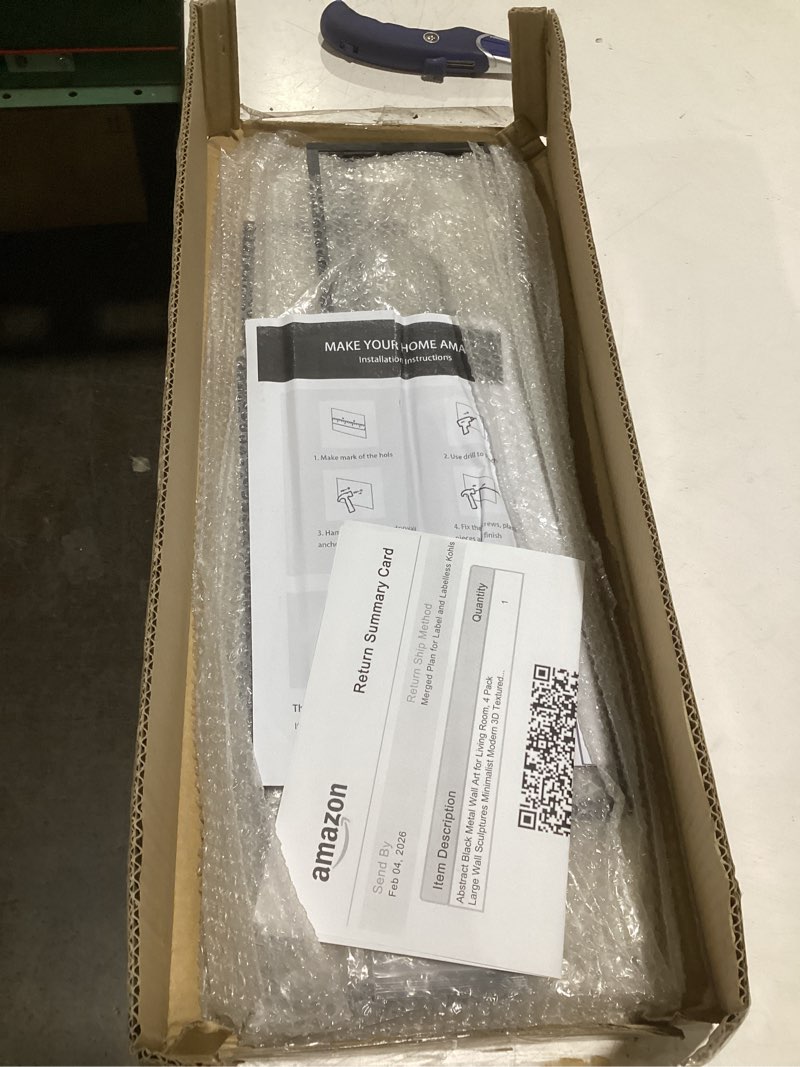 Condition photo showing As Is for Abstract Black Metal Wall Art for Living Room, 4 Pack Large Wall Sculptures Minimalist Modern 3D Textured Geometric Metal Wall Decor for Bedroom Bathroom Kitchen Study