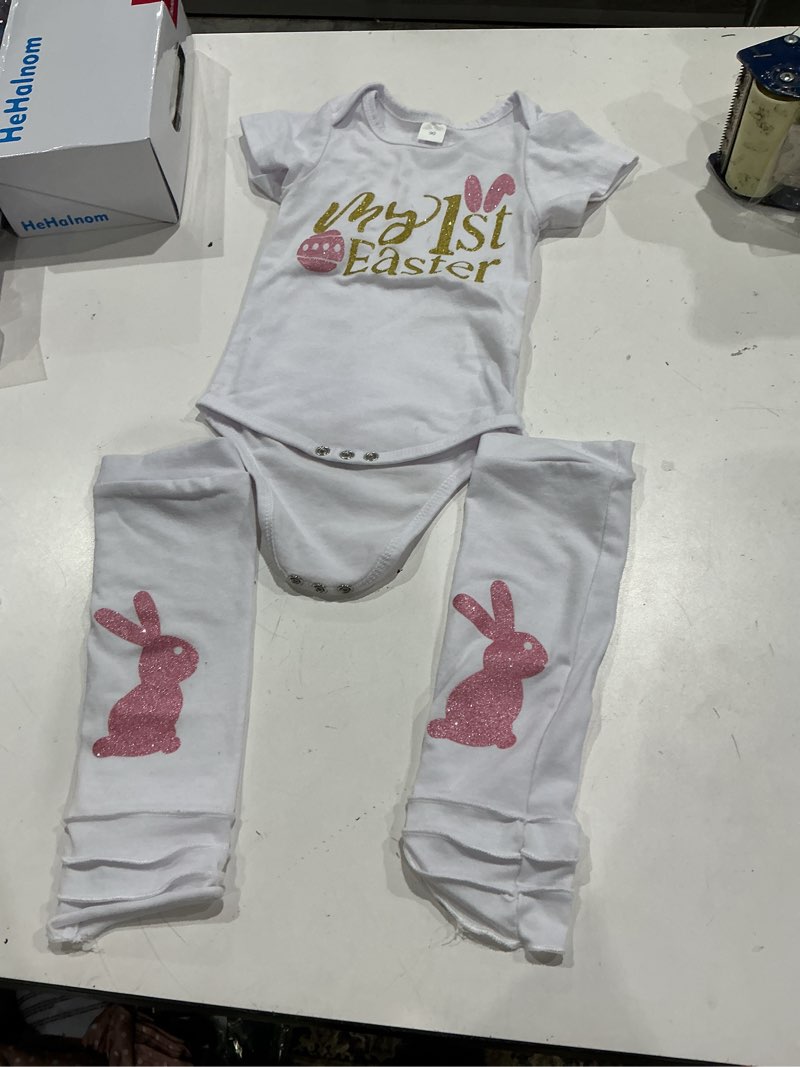 Condition photo showing As Is for xfglck newborn baby girls easter outfit bunny letter print bodysuit+ tutu skirt+ headband +leg warmers clothes set pink 9-12 months