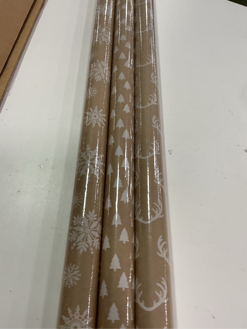 Condition photo showing New/Like New for Hallmark Christmas Wrapping Paper Rolls - Minimalist Brown Kraft Trees, Antlers, Snowflakes Gift Wrap Paper (3 Rolls: 90 sq. ft. ttl.) for Holiday Parties, Hanukkah, Winter Weddings