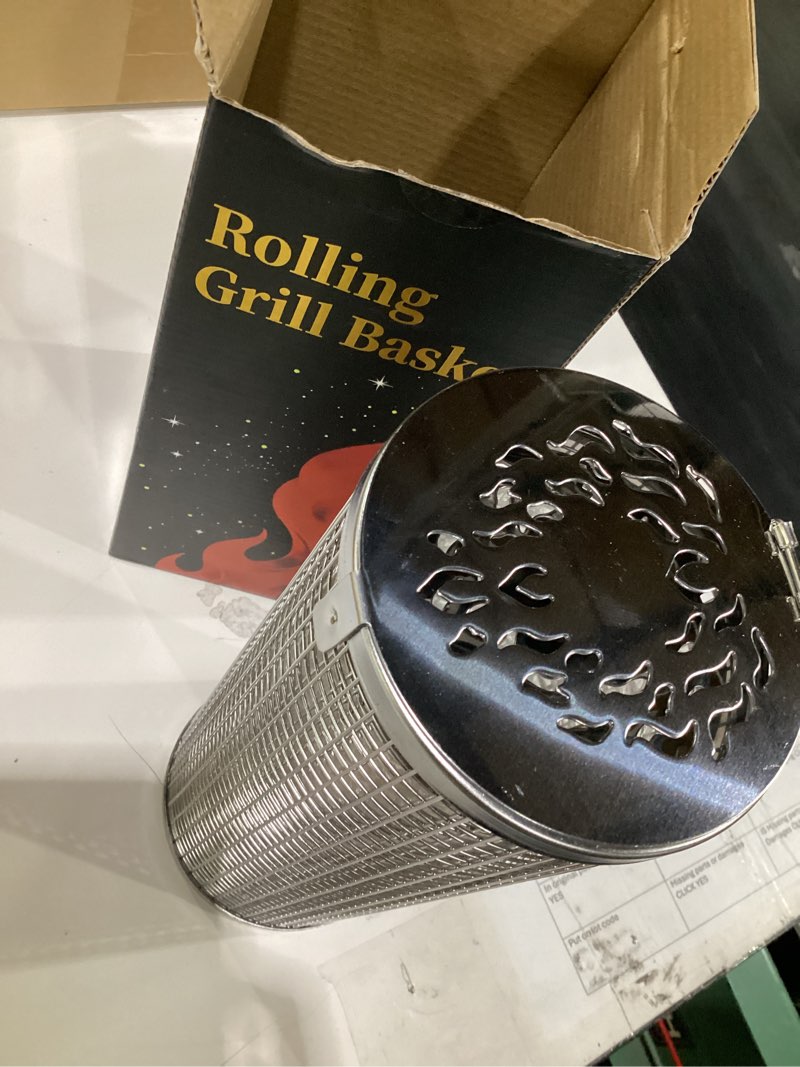 Condition photo showing Good Condition for rolling grill basket, fathers day gifts for dad husband, removable wooden handle, 304 stainless steel, nesting bbq tools for vegetable, outdoor smoker camping accessories, grill gift for men birthday large and extra large