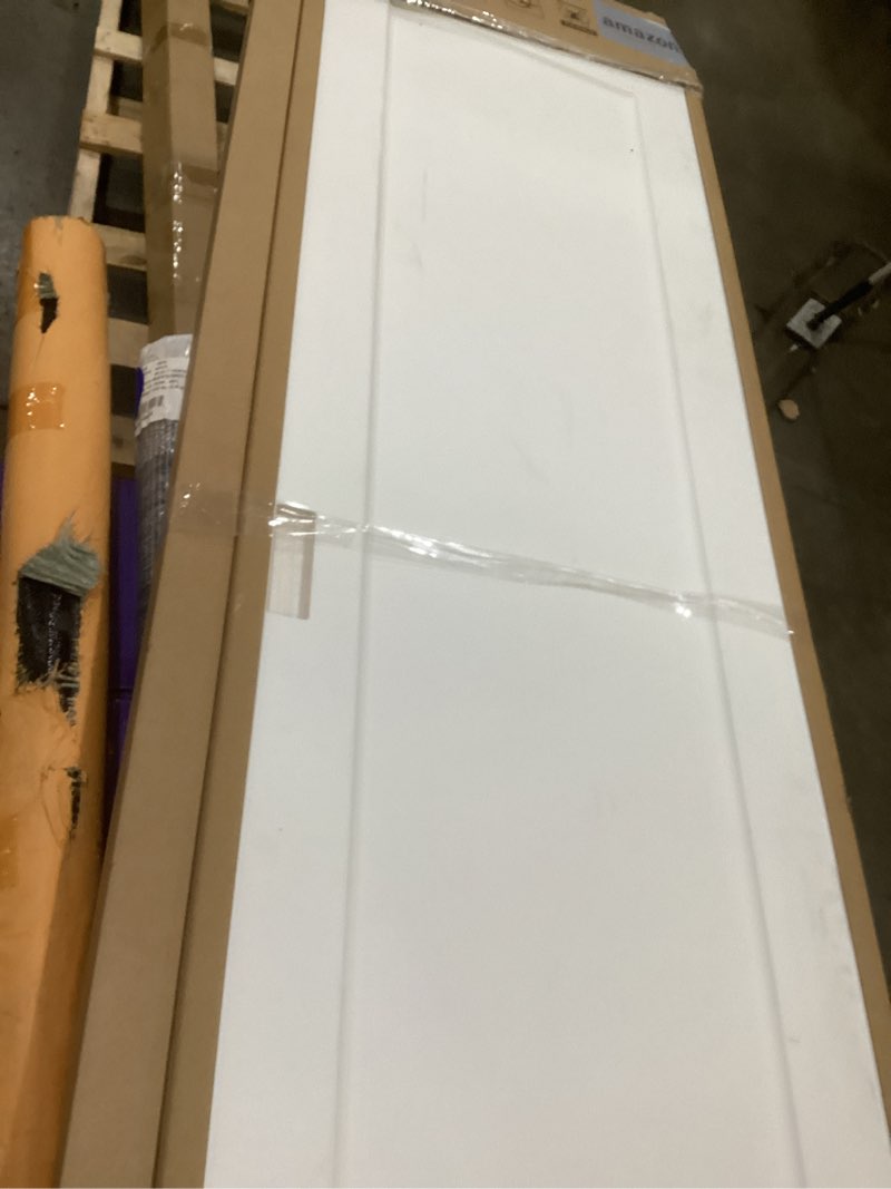 Condition photo showing As Is for BARNSMITH 48x80 in Sliding Closet Door, 1-Panel White Primed Bypass Interior Door with Top Track & F