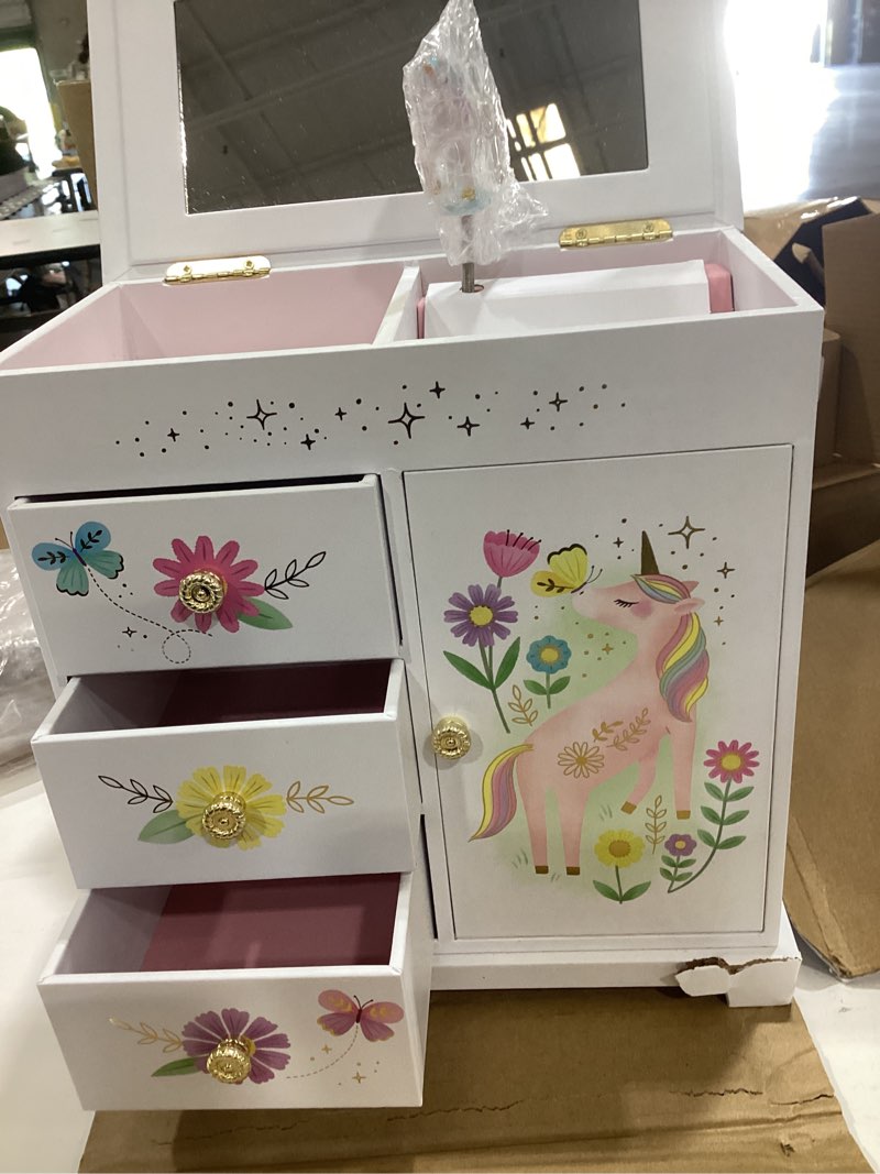 Condition photo showing As Is for giggle & honey® unicorn musical jewelry box for girls unicorn toys for girls age 4-6 kids jewelry box with drawers floral unicorn