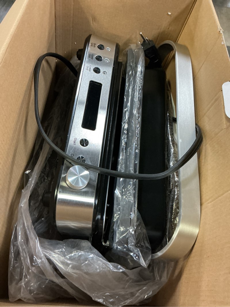 Condition photo showing As Is for GreenPan Electric Indoor Stainless Steel 6-in-1 Contact Grill and Griddle, Healthy Ceramic Nonstick, Dishwasher Safe Reversible Plates, PFAS-Free Contact Grill Silver