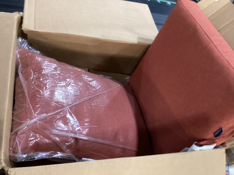 Condition photo showing Good Condition for arden outdoor dining chair cushion, 21 x 21, rain-proof, fade resistant 21 x 21, alana tile 21 x 21 dining cushion set alana orange