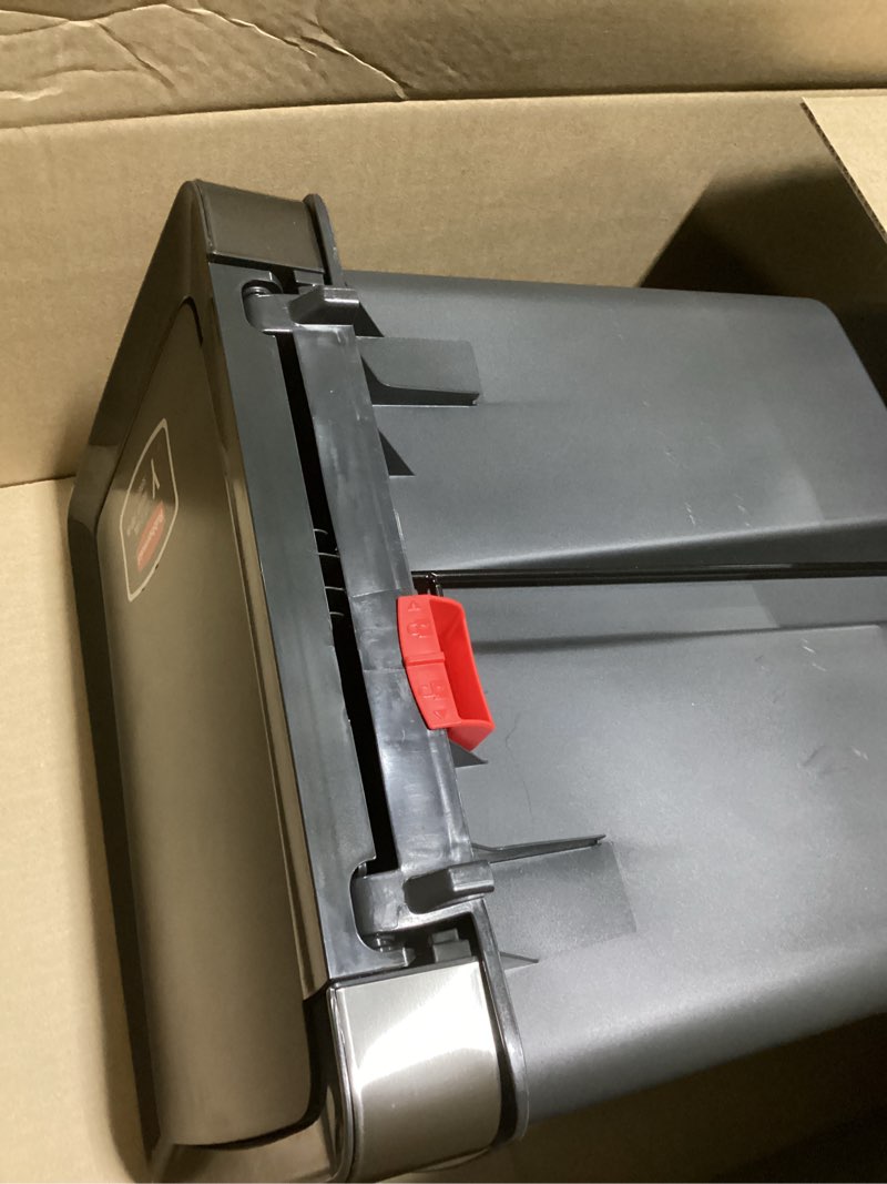 Condition photo showing New/Like New for rubbermaid premier series iii step-on trash can for home and kitchen, with stainless steel rim, 12.4 gallon, charcoal, for home/kitchen/garage/apartment/office metal rim, resin lid