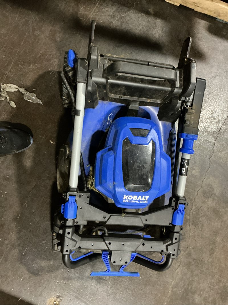 Condition photo showing As Is for kobalt 48-volt, 20-in cordless self-propelled lawn mower with (1) 24-volt, 5 ah battery included batteries included