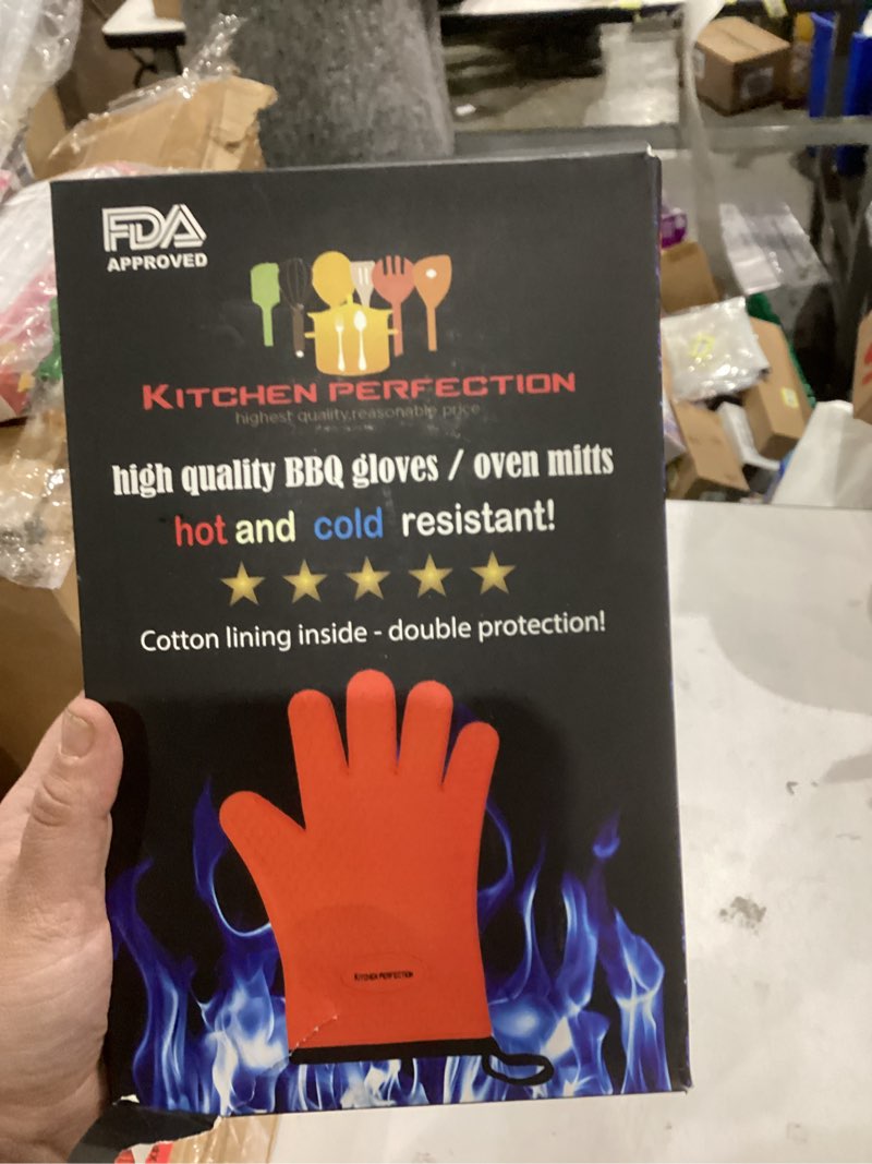 Condition photo showing As Is for KITCHEN PERFECTION S Silicone Smoker Oven Gloves -Extreme Heat Resistant BBQ Gloves -Handle Hot Food Right on Your Grill Fryer Pit|Waterproof Oven Mitts |Superior Value Set+3 Bonuses Orange Small