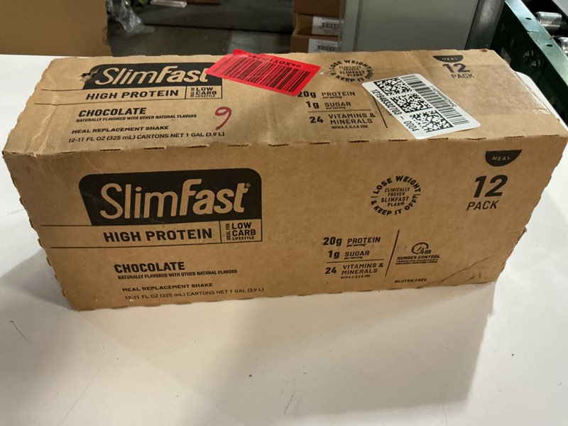 Condition photo showing New/Like New for ((USE BY/AUG/16/2025))SlimFast Protein Shake, Chocolate- 20g Protein, Meal Replacement Shake Ready to Drink, High Protein with Low Carb and Low Sugar, 24 Vitamins and Minerals, 12 Count (Pack of 1) (Packaging May Vary) Chocolate Meal Replacement Protein Shake