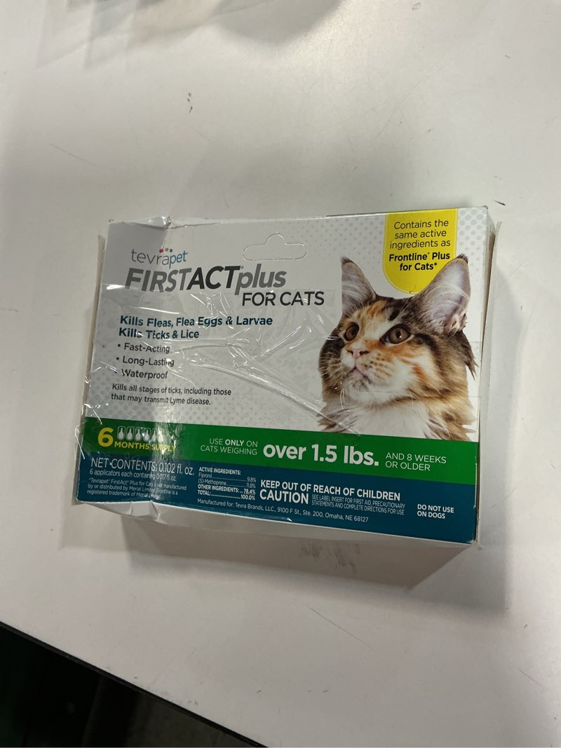 Condition photo showing New/Like New for TevraPet FirstAct Plus Flea and Tick Prevention for Cats Over 1.5lbs, 6 Monthly Doses, Topical Drops 6 Doses