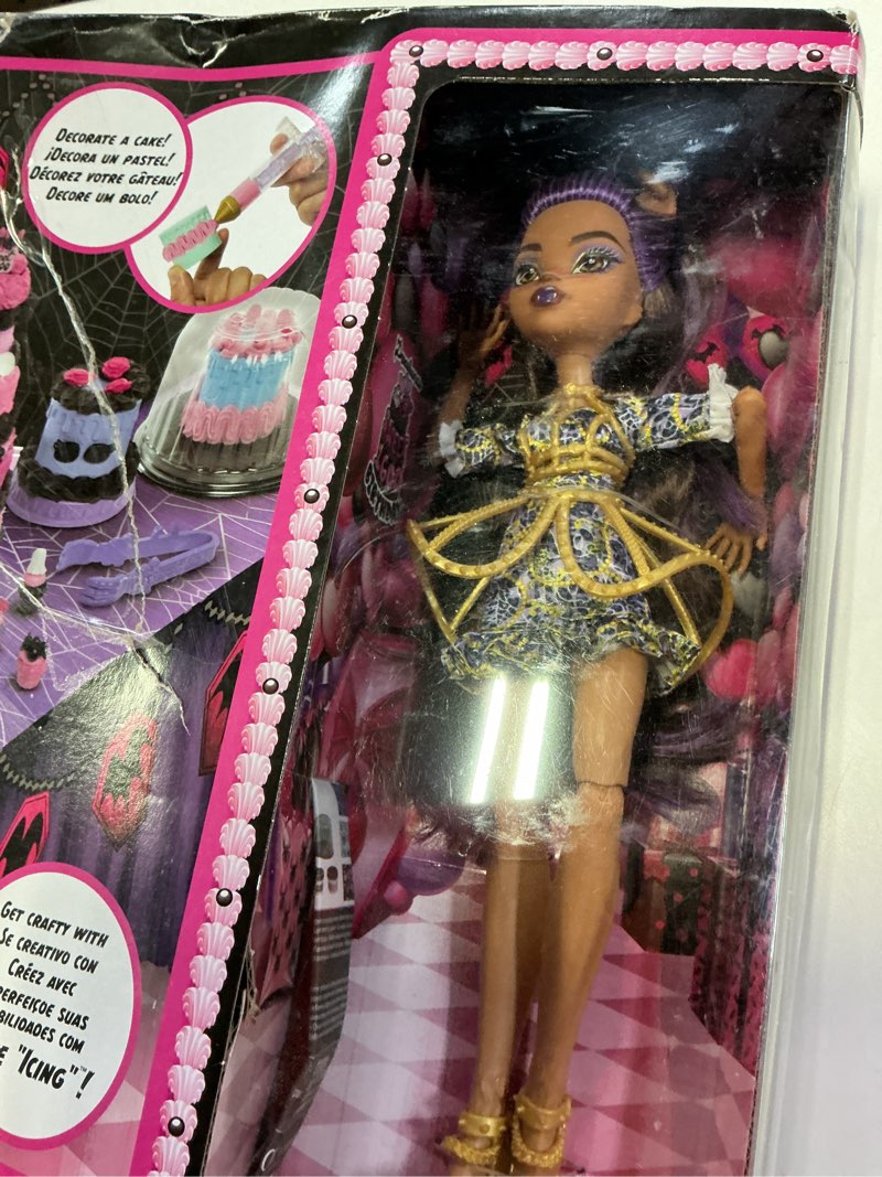 Condition photo showing As Is for (incomplete , missing accessories ) monster high scary sweet birthday cake kit with clawdeen wolf doll, cake decorating playset with 20+ accessories like eerie icing, pipette, and more