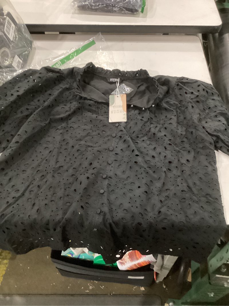 Condition photo showing Good Condition for btfbm womens blouses summer hollow out eyelet embroidery tops v neck buttons puff sleeve boho shirts spring fashion 2026 black x-large